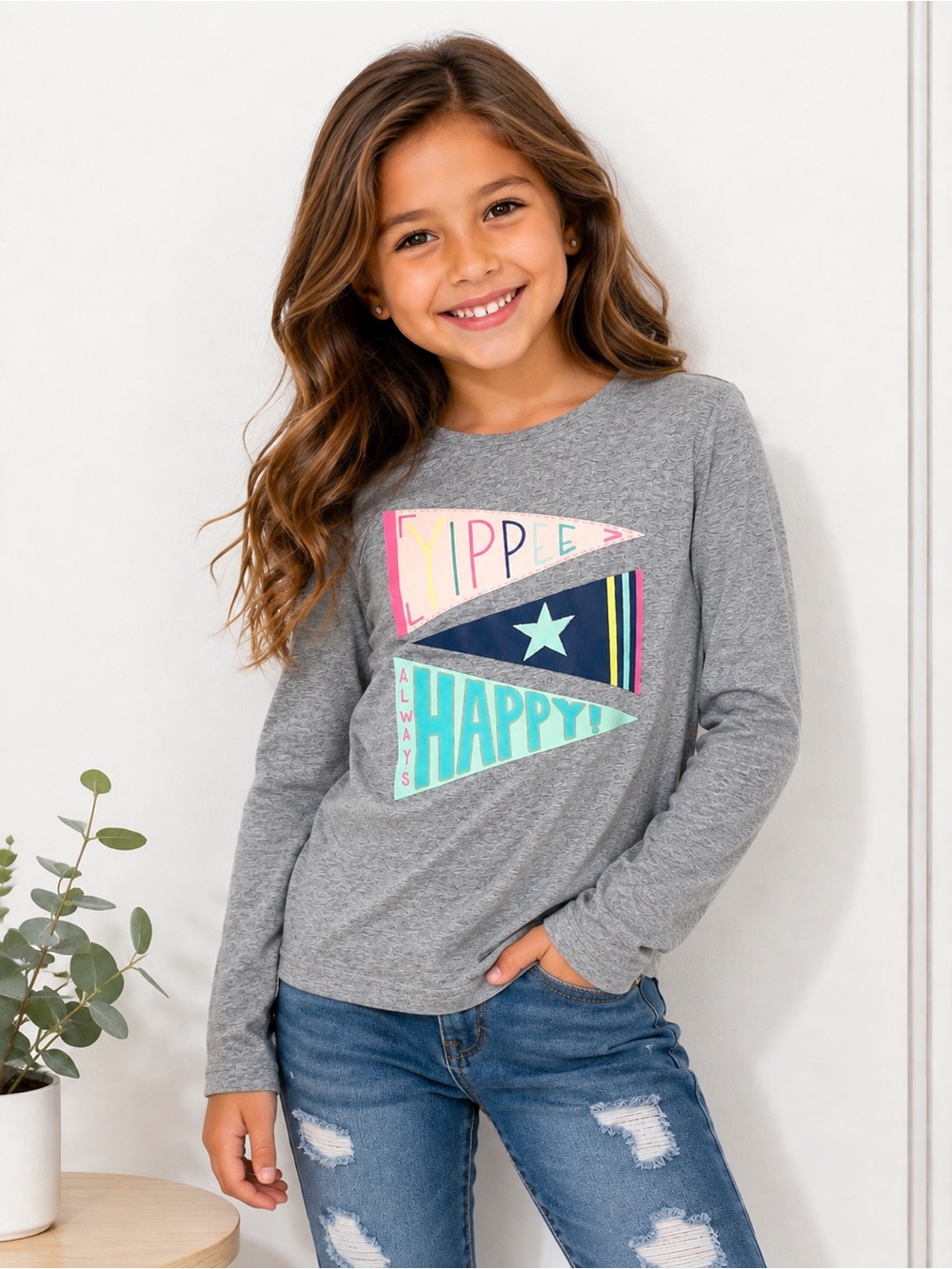 Cat & Jack Girls M 7/8 Gray Yippee Happy Graphic Long Sleeve Shirt